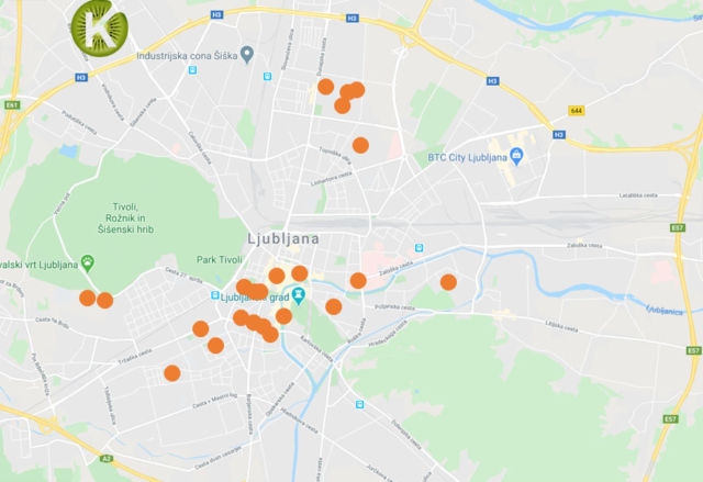 Zemljevid Kiviju in univerz v Ljubljani